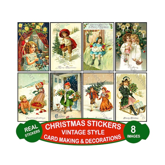 Vintage Christmas STICKERS, Set of 8 Old Fashioned Postcard