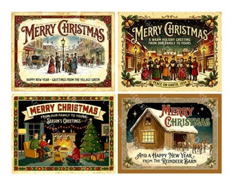 Christmas Stickers for Card Making and Decor, 4 Big Nostalgic Retro Postcards Sticker Illustrations, Cut and Peel Sheet, 1559