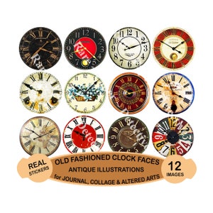 Clock Face Illustration Stickers featuring a Unique Selection of Grand Father Clock & Antique Steampunk Images, CUT and PEEL Sheet, 223a