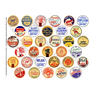 Vintage melkdoppen, voorgedrukt vel, keukencollage, melkflessen, melketiketten, melkflessen, slagroom, kroonkurken, keuken, 397