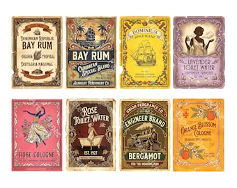 Perfume, Cologne, Toilet Water Label Stickers Old Fashioned 1930s Bathroom Bottle Decor, 8 Labels, Easy Cut and Peel Sheet, 1473