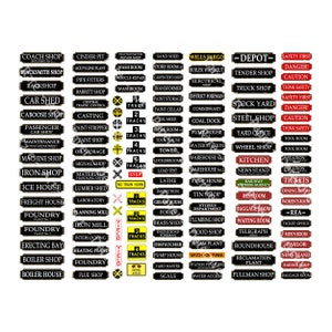 Railroad Sign Stickers, Factory & Industrial Signage, 140+ Passenger Station and Train Railroad Building Signs, CUT and PEEL Sheet, 1280