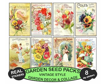 Seed Packet STICKERS, 8 Antique Seed Annual Covers for Gardening Journals & Cottage Garden Sticker Tags, DIY Cuttable Craft Sheet, 660N
