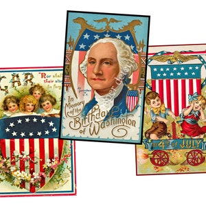 Ensemble de 3 illustrations patriotiques des États-Unis, George Washington et décorations du jour de l'indépendance, authentique format carte postale de 3,5 x 5,5 pouces, S20