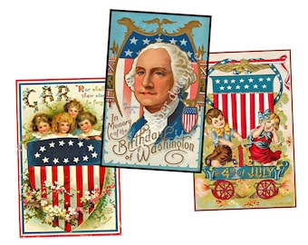 Patriotic United States Illustrations, Set of 3, George Washington & Independence Day Decorations , Authentic 3.5" x 5.5" Postcard Size, S20