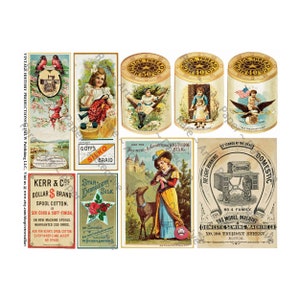 Cartões de publicidade de costura antigos, folha de adesivos, artes em tecido, anúncios de máquinas de costura vintage, carretéis de linha de algodão, folha de corte e casca, 599