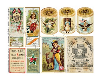 May include: Vintage sewing and embroidery supplies advertisements.  The ads feature images of children, a deer, a sewing machine, and spools of thread.  The text on the ads includes "Goff's Silko Braid", "Star Embroidery Silk", "Kerr & Co's Dollar $ Brand Spool Cotton", "The Light Running Domestic Sewing Machine Co. No. 160 Tremont Street, Boston", and "Use the Brainerd & Armstrong Knitting Silk."