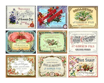 French Perfume Cologne Labels, Sticker Sheet, 9 Labels, Vintage Floral French Label, Paris France Elegant Victorian Collage Clip Art, 523N