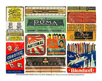 Vintage Stationery Sticker Sheet: Crayon Boxes, Pencils, Rulers (Reproduction), 733