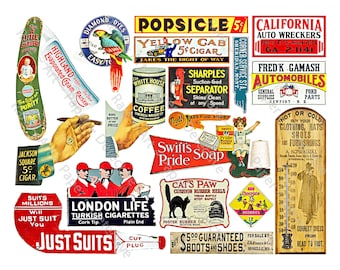 General Store Sign Stickers, Advertising Sign Illustrations for Rustic Antique Junk Journals, Old Fashioned Country Store & Hardware, 795