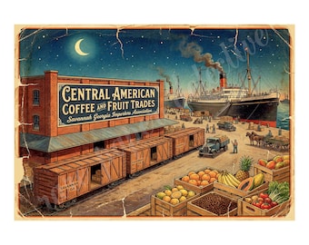 Central American Coffee and Fruit Trades, 1940s Style Fruit Crate Label Art, Retro Advertising, 7" x 10" Matte Art Print , 26-a37