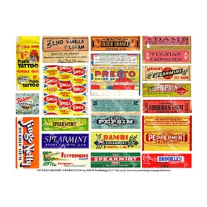 Gum Wrapper Advertising, Retro Style Chewing Gum Packaging for Kitchen, Junk Journals and Candy Sticker Gift Seals, CUT & PEEL Sheet, 784