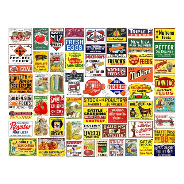 FARM SIGNS for Model Trains & Dollhouses, Sticker Sheet, 60 Multi Scale Hobby Images, Miniature Rusty Metal Advertising Signs, Set 1039