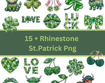 Faux Rhinestone St Patricks Day PNG Bundle, Shamrock, Cow, Cherry (Digital Download)