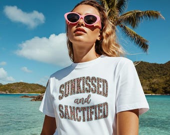 Sunkissed and Sanctified png, Leopard png, Christian png, Faith png, Summer png, Varsity png, dtf png, Girly png