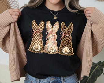 Easter Floral Bunnies PNG, Checkered Leopard Design (Digital Download)