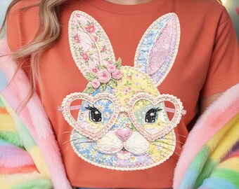 Floral Bunny Patchwork PNG, Cottage Core Easter Design (Digital Download)
