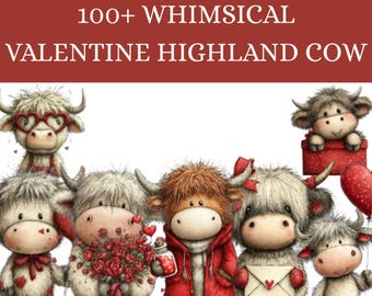 Whimsical Quirky Valentine Highland Cow Clipart PNG  (Digital Download)