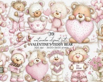 Watercolor Valentine's Teddy Bear png  (Digital Download)