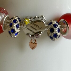 Puede incluir: Una pulsera de abalorios con un dije en forma de coraz&oacute;n que dice "OHANA means family". La pulsera tiene cuentas rojas y transparentes, cuentas plateadas con gemas azules y un peque&ntilde;o dije de coraz&oacute;n de oro rosa.