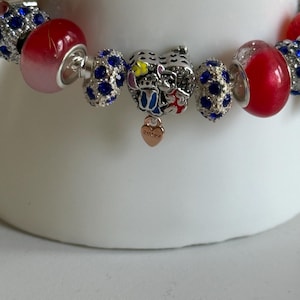 Puede incluir: Una pulsera de abalorios con varias cuentas. La pulsera incluye cuentas rojas y azules, junto con un dije que representa un personaje de dibujos animados. Tambi&eacute;n hay un dije en forma de coraz&oacute;n con la palabra "Ohana".