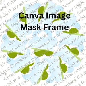 Op de afbeelding: Een digitale afbeelding met de tekst "Canva Image Mask Frame" in zwart. De achtergrond heeft een patroon van lichtblauwe vormen met groene accenten, ideaal voor digitaal ontwerp.