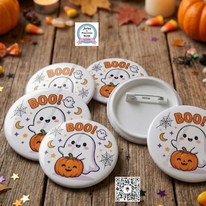 Märken, knappar, nålar, storlek 58 mm | Halloween-märke (5,8 cm), spöke, häxa, pumpa, spöke, skelett