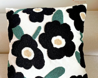 Floral tufted throw pillow, black flower cushion, Nordic style pillow, modern floral pillow cover, Scandinavian decor pillowcase, minimalism