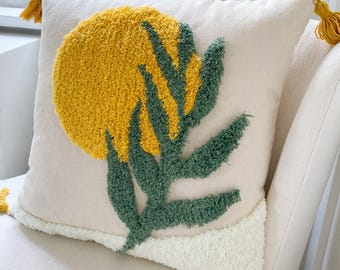 Boho sun pillow, boho tassel pillow, leaf throw pillow, sun bohemian pillow, cozy pillow, yellow and green embroidered pillow, botanical