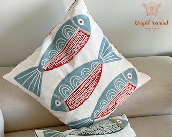 Embroidered Fish Pillow Cover, Coastal Throw Pillow, Beach House Decor, Ocean Themed