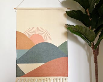 Wall tapestry, fabric wall art, coastal wall hanging, boho wall decor, office minimalist nature wall art, scenic landscape wall tapestry