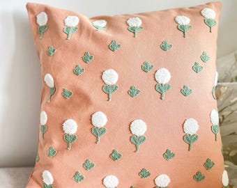 Spring throw pillow, flower embroidery pillow, pink throw pillow, decorative pillow bedding, floral pillow decor, cute flower pillowcase
