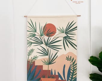Coastal Tapestry Wall Hanging, Boho Sun, Mountains, Plants Decor