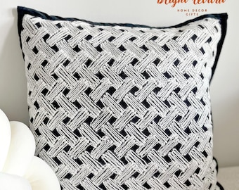 Black and White Knitted Throw Pillow, Modern Geometric Cushion