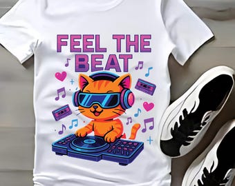 Diseño de camiseta de DJ con gato ciberpunk (PNG), clipart de gato neón retro de Vaporwave, sublimación de gato DJ futurista genial, gráfico de camiseta de gato DJ (SVG)
