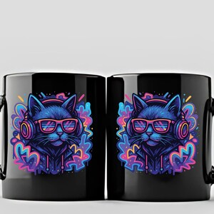 May include: Two black coffee mugs with a vibrant illustration of a cat wearing headphones and glasses. The cat design features blue, pink, and yellow accents, creating a colorful and modern aesthetic.