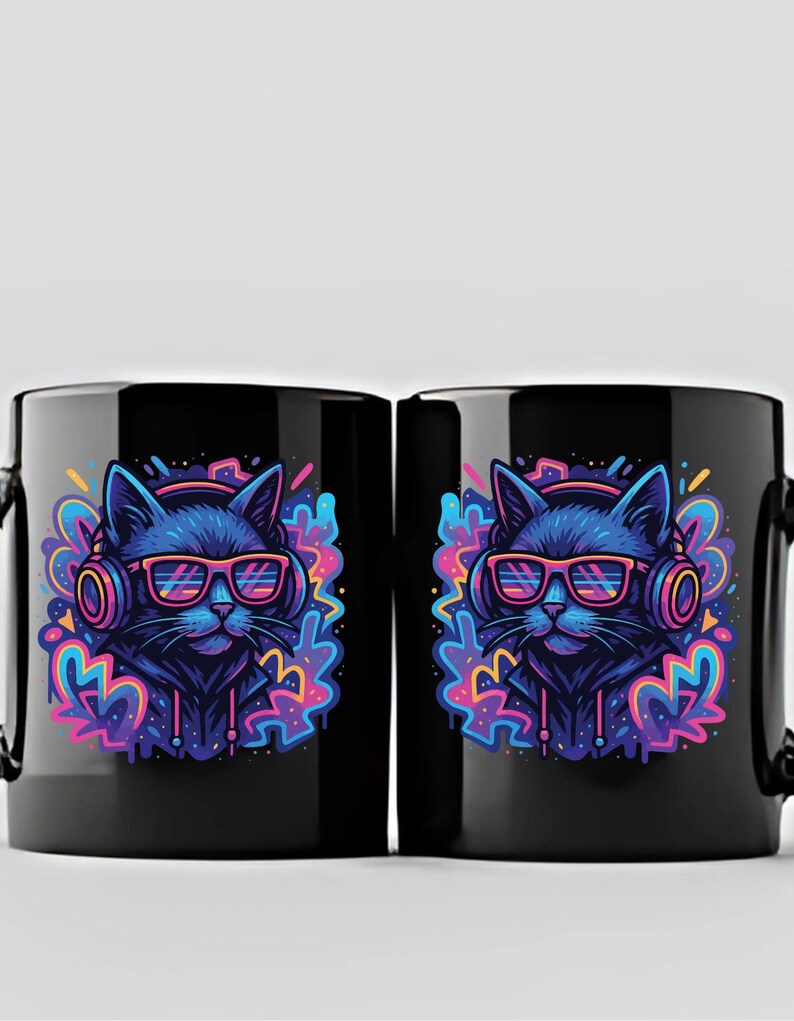 May include: Two black coffee mugs with a vibrant illustration of a cat wearing headphones and glasses. The cat design features blue, pink, and yellow accents, creating a colorful and modern aesthetic.