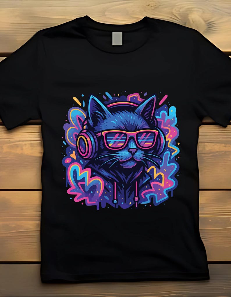 May include: Black t-shirt featuring a vibrant graphic of a cat wearing headphones and sunglasses. The cat is depicted in shades of blue and purple, with colorful accents. The design has a modern, digital art style.