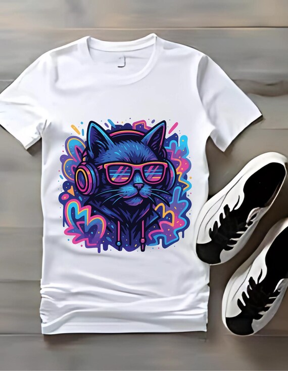 Cyberpunk Cat T-Shirt Design, Neon Vaporwave Clipart (Digital Download)