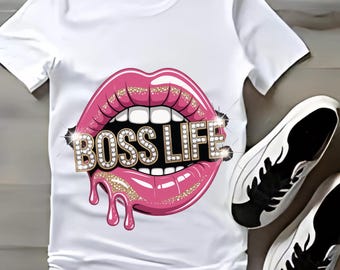 Boss Life Lips Graphic Tee: Pink, Gold, Urban Streetwear (Digital Download)