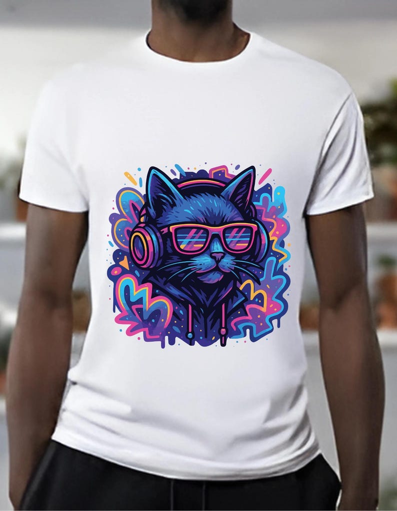 May include: White t-shirt featuring a vibrant graphic of a blue cat wearing headphones and pink sunglasses. The cat is set against a colorful, abstract background with splashes of pink, blue, yellow, and purple. The design has a modern, cartoonish style.