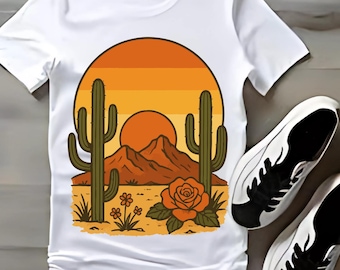Atardecer retro en el desierto PNG: Gráfico de rosa de cactus, diseño bohemio occidental (descarga digital)