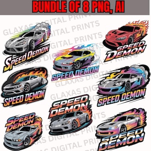 Könnte beinhalten: Ein digitales Kunstpaket mit acht stilisierten Rennwagen-Designs. Jedes Auto ist mit Flammen, Rauch und dem Text "Speed Demon" dargestellt. Die Autos sind in verschiedenen Farben, darunter Silber, Rot und Blau, mit dynamischen grafischen Elementen.