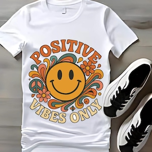 Retro smiley png, alleen T-shirtontwerp positieve vibes, groovy jaren 70 sublimatie png, vintage hippieshirt clipart, boho graphic tee print