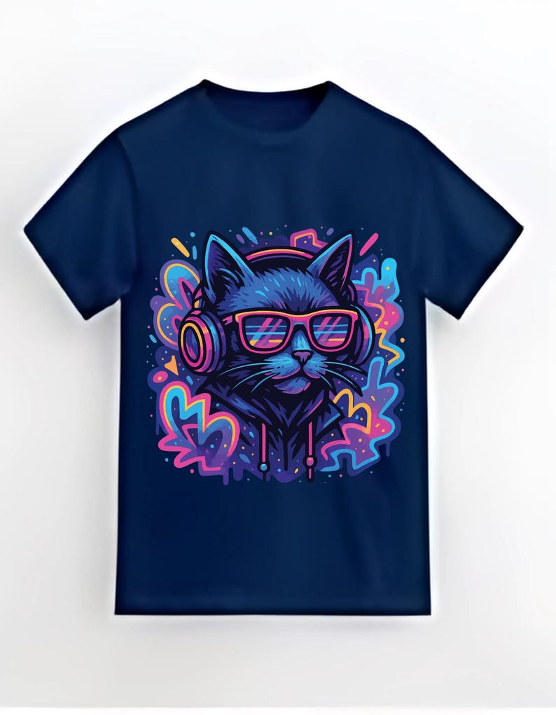 May include: Navy blue t-shirt featuring a cartoon cat wearing headphones and sunglasses. The cat is depicted in shades of blue, with pink and yellow accents. The graphic has a vibrant, colorful design, perfect for cat lovers.