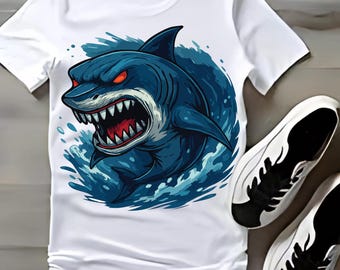 Conception de T-shirt requin en colère féroce, clipart prédateur de l'océan (png, svg, eps, ai, dxf, webp)