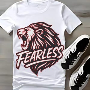 May include: White t-shirt featuring a black and red lion graphic with the word "FEARLESS". A pair of white and black trainers are next to the shirt. The shirt and trainers are on a wooden surface.