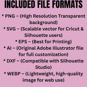 May include: A pink background with black text listing included file formats: PNG, SVG, EPS, AI, DXF, and WEBP. Each format is followed by a brief description of its use, such as "High Resolution Transparent background" for PNG.