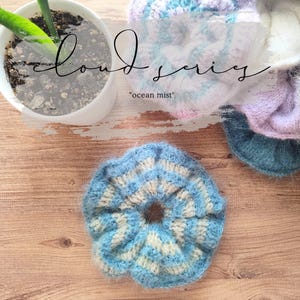 Handmade Knit Scrunchie: Oversized Mint & Blue Crochet Hair Tie