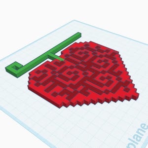 Peut inclure: Un fruit en forme de cœur rouge pixélisé avec une tige verte. Le fruit présente un motif détaillé et est posé sur un fond de grille bleu clair. La conception est un rendu 3D.